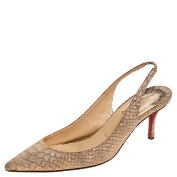 Pre Owned Christian Louboutin Beige Python Apostrophy Slingback Sandals Size 37