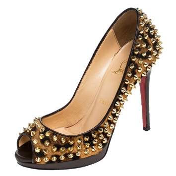 Pre Owned Christian Louboutin Leopard Print Calfhair Yolanda Spikes Peep Toe Pumps Size 36