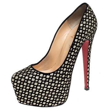Pre Owned Christian Louboutin Black/Gold Glitter Floque and Suede Daffodile Platform Pumps Size 38.5