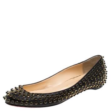 Pre Owned Christian Louboutin Black Leather Studded Ballet Flats Size 38.5