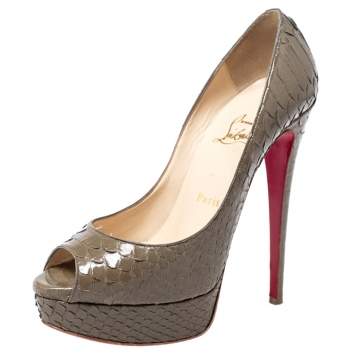 Pre Owned Christian Louboutin Olive Green Python Leather Peep Toe Platform Pumps Size 38.5
