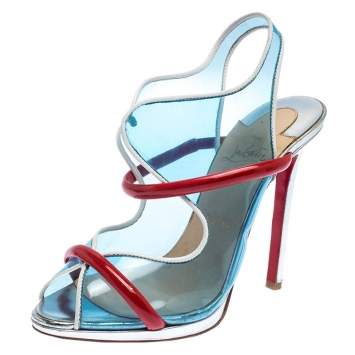 Pre Owned Christian Louboutin Blue/Red PVC And Patent Leather Aqua Ronda Sandals Size 38.5