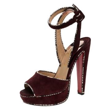 Pre Owned Christian Louboutin Burgundy  Suede LouLou Dance Platform Ankle Strap Sandals Size 37.5