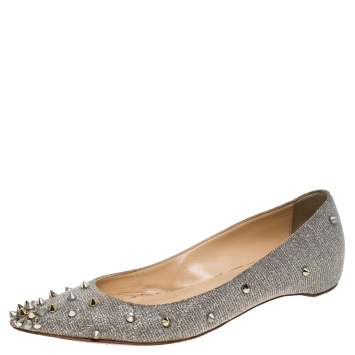 Pre Owned Christian Louboutin Metallic Silver Glitter Fabric  Degraspike Pointed Ballet Flats Size 36