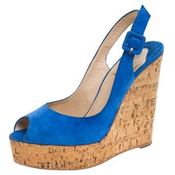 Pre Owned Christian Louboutin Blue Suede Une Plume Peep Toe Slingback Cork Wedges Size 38.5
