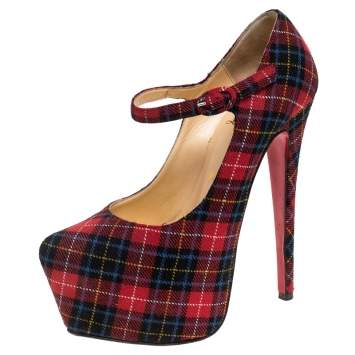 Pre Owned Christian Louboutin Multicolor Wool Blend Check Daffodils Mary Jane Platform Pumps Size 36