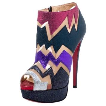 Pre Owned Christian Louboutin Mutlicolor Glitter Ziggy Peep Toe Ankle Booties Size 36