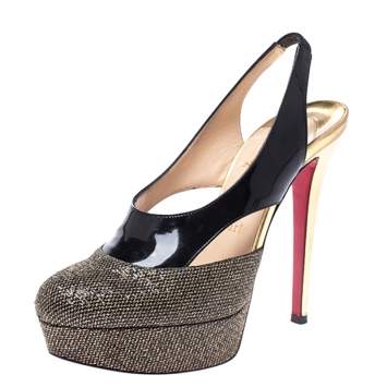 مملوكة مسبقًا Christian Louboutin Black Patent Leather and Glitter Fabric Platform Slingback Pumps Size 36.5
