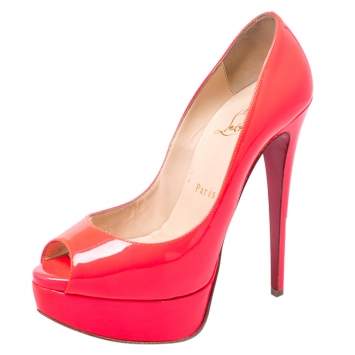 Pre Owned Christian Louboutin Bright Fluorescent Red Patent Leather Lady Peep Toe Platform Pumps Size 36