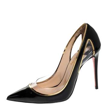 Pre Owned Christian Louboutin Black Patent Leather And PVC Cosmo Pointed Toe Pumps Size 35
