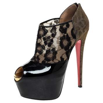 Pre Owned Christian Louboutin Black Leopard Print Lamé Fabric/Lace and Patent Leather Aerontoc Peep Toe Platform Booties Size 39