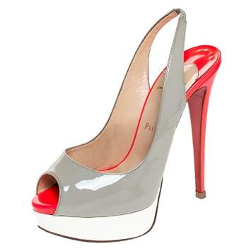 Pre Owned Christian Louboutin Tricolor Patent Leather Lady Peep Toe Platform Slingback Sandals Size 38.5