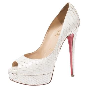 Pre Owned  Christian Louboutin White Python Lady Peep Toe Pumps Size 38