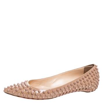 Pre Owned Christian Louboutin Beige Patent Leather Spike Pointed Toe Ballet Flats Size 38
