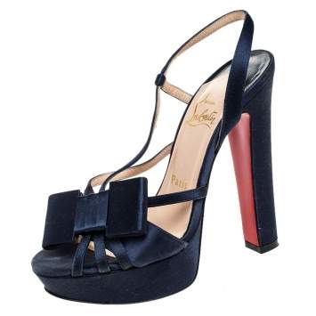 Pre Owned Christian Louboutin Blue Satin Bow Slingback Disco Noeud Platform Sandals Size 36