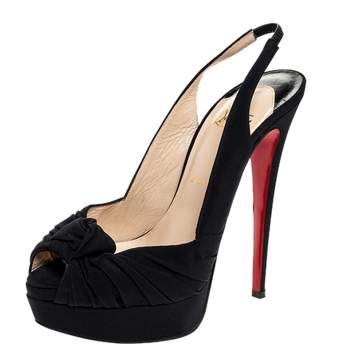 Pre Owned Christian Louboutin Black Satin Jenny Knotted Slingback Sandals Size 38