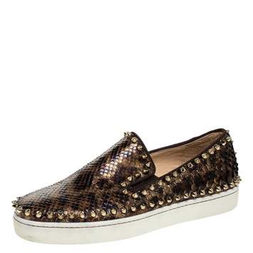 Pre Owned Christian Louboutin Leopard Print Python Leather Pik Boat Slip On Sneakers Size 37