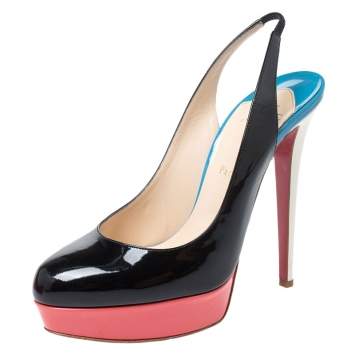 Pre Owned Christian Louboutin Multicolor Patent Leather Colorblock Platform Slingback Pumps Size 41