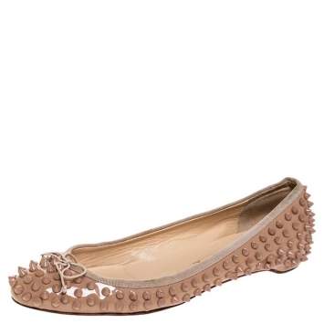 مملوكة مسبقًا Christian Louboutin Beige Patent Leather Spike Pointed Toe Ballet Flats Size 39