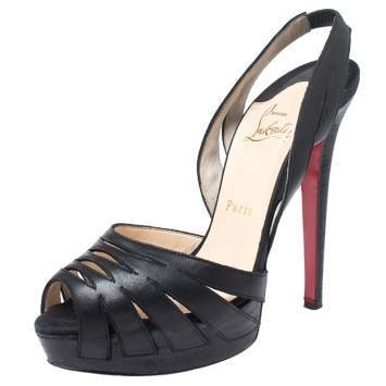 Pre Owned Christian Louboutin Black Leather Cut Out Peep Toe Platform Slingback Sandals Size 38