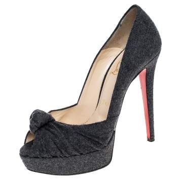 Pre Owned Christian Louboutin Grey Wool Jenny Platform Knot Peep Toe Pumps Size 37.5