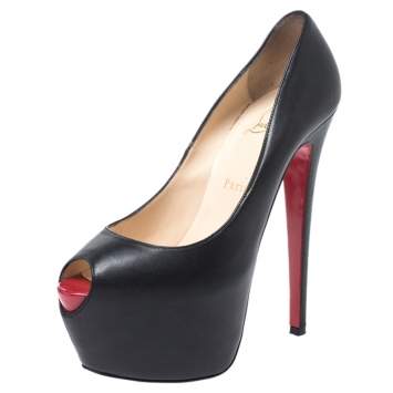 Pre Owned Christian Louboutin Black Leather Highness Peep Toe Platform Pumps Size 37.5