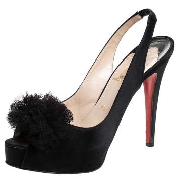 Pre Owned Christian Louboutin Black Satin Private Number Peep Toe Slingback Sandals Size 39