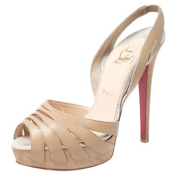 Pre Owned Christian Louboutin Beige Cutout Leather Peep Toe Platform Slingback Sandals Size 38