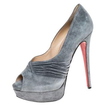 مملوكة مسبقًا Christian Louboutin Grey Suede Ruched Detail Drapadita Platform Peep Toe Pumps Size 38