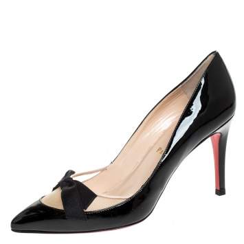 Pre Owned Christian Louboutin Black Patent Leather and Mesh Bow Pointed Toe Pumps Size 36.5