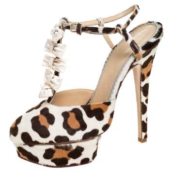 Pre Owned Charlotte Olympia Brown/White Leopard Print Calfhair and Satin Bow T-Strap Platform Sandals Size 39