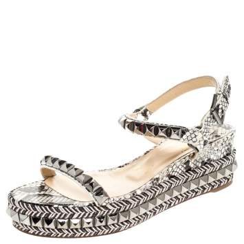 Pre Owned Christian Louboutin Black/White Studded Leather Cataclou Espadrille Wedge Sandals Size 37
