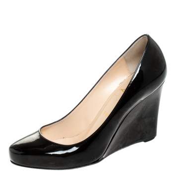 مملوكة مسبقًا Christian Louboutin Black Patent RonRon Zeppa Wedge Pumps Size 38.5
