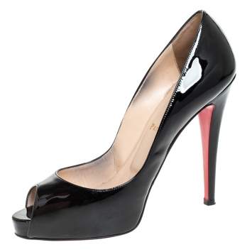 Pre Owned Christian Louboutin Black Patent Leather New Very Prive Peep Toe Pumps Size 39.5