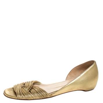 Pre Owned Christian Louboutin Metallic Gold Leather Open Toe Flats Size 38
