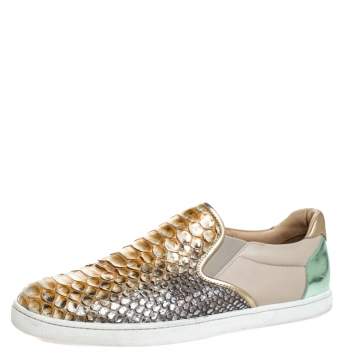 Pre Owned Christian Louboutin Multicolor Python Leather And Leather Pik Boat Slip On Sneakers Size 40.5