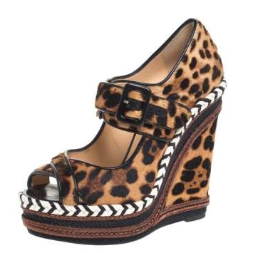 Pre Owned Christian Louboutin Leopard Print Calf Hair And Leather Trim Highlander Platform Sandals Size 38.5