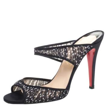 Pre Owned Christian Louboutin Black/White Polka Dot Fabric And Satin Trim Miss Chief Sandals Size 39