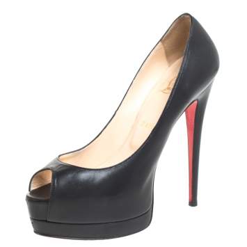 Pre Owned Christian Louboutin Black Leather New Prive Peep Toe Platform Pumps Size 38.5