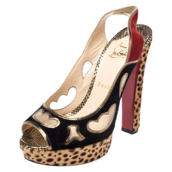 Pre Owned Christian Louboutin Multicolor Cutout Suede, Pony Hair And Mesh Platform Slingback Sandals Size 38