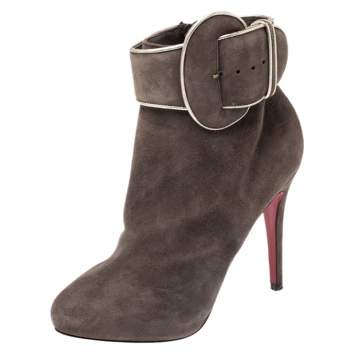 Pre Owned Christian Louboutin Elephant Grey Suede Trottinette Buckle Detail Ankle Boots Size 38
