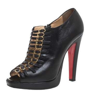 Pre Owned Christian Louboutin Black Leather Manon Buckle Detail Open Toe Ankle Boots Size 38