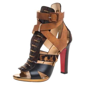 Pre Owned Christian Louboutin Multicolor Python Leather, Pony Hair And Leather Keny Ankle Strap Sandals Size 37.5