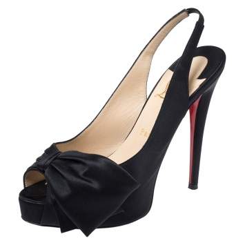 Pre Owned Christian Louboutin Black Satin Bow Slingback Platform Sandals Size 39.5