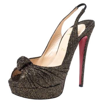 Pre Owned Christian Louboutin Black/Gold Glitter Fabric Jenny Knotted Slingback Pumps Size 39.5