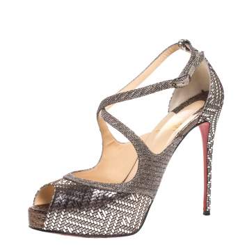 Pre Owned Christian Louboutin Silver Foil Leather And Glitter Fabric Mira Bella Cross Strap Sandals Size 37.5