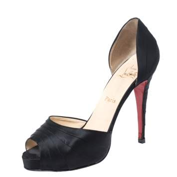 Pre Owned Christian Louboutin Black Satin Ruffle Detail Peep Toe D'orsay Pumps Size 40.5