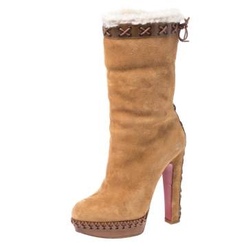 Pre Owned Christian Louboutin Beige Suede, Leather And Fur Trim Step N Roll Platform Boots Size 36.5