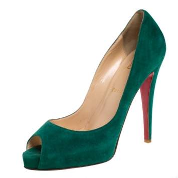 Pre Owned Christian Louboutin Green Suede Leather Hyper Prive Peep Toe Platform Pumps Size 40