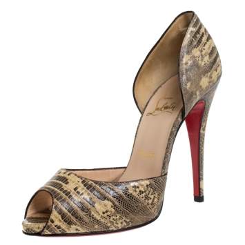 Pre Owned Christian Louboutin Beige/Brown Lizard Leather Madame Claude Peep Toe Pumps Size 39.5